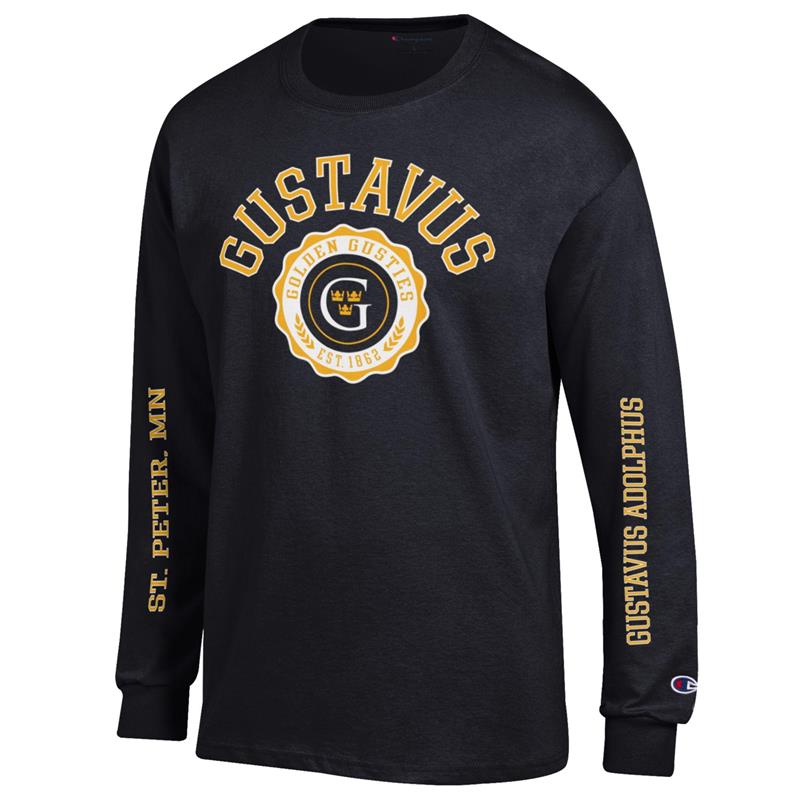 Long Sleeve Champion Jersey Gustavus Golden Gusties 1862 G Crowns St Peter GA Black (SKU 1204692840) Long Sleeve Champion Jersey Gustavus Golden Gusties 1862 G Crowns St Peter GA Black (SKU 1204692840)